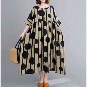 Comfort-Fit Polka Dot Stripe Maxi Dress — Black on Beige